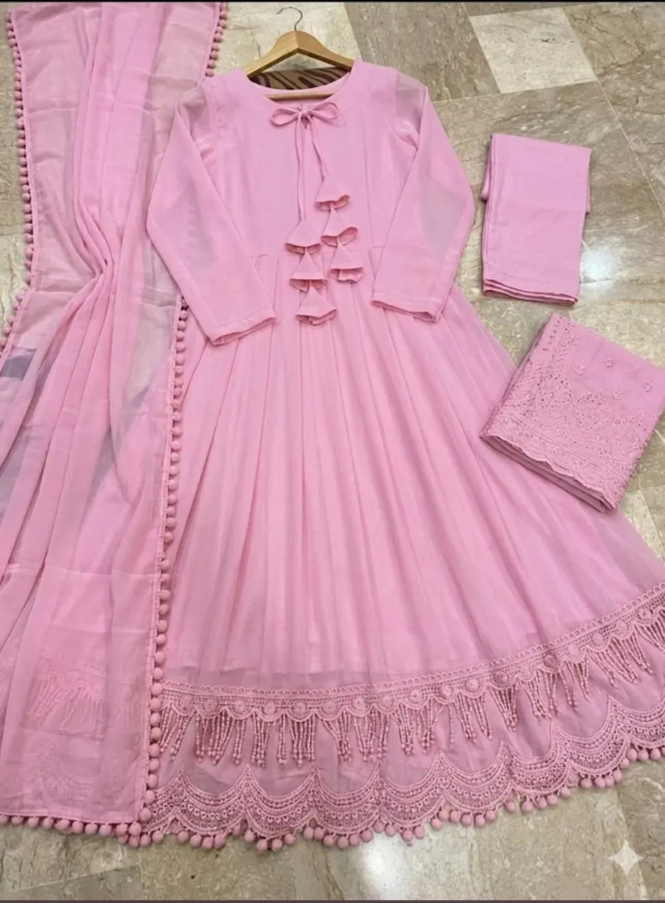 3 Pcs Women's Stitched Chiffon Plain Maxi Suit