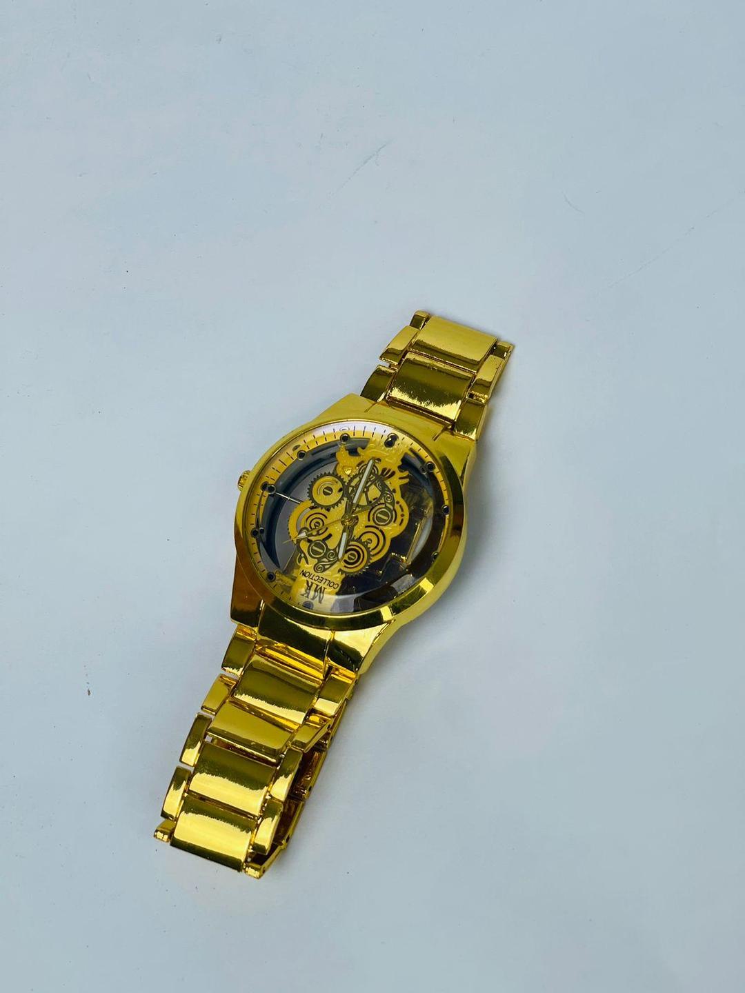 Golden Stainless Steel Men's Watch with Open Face Dial