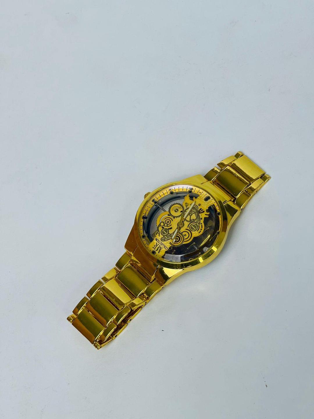 Golden Stainless Steel Men's Watch with Open Face Dial