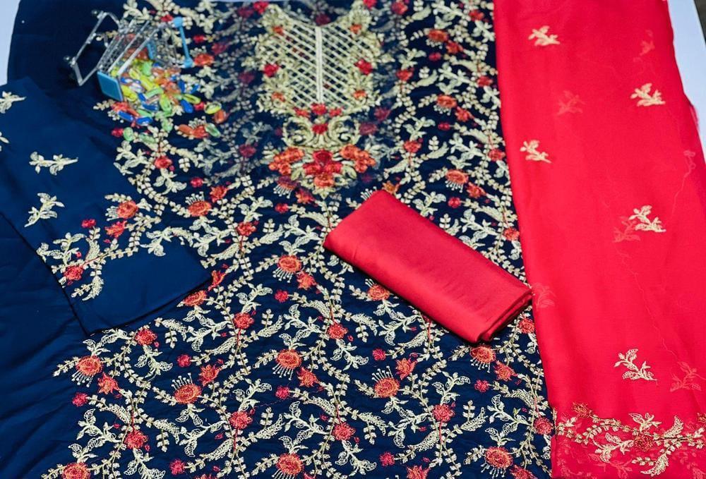 3 Pcs Women's Unstitched Linen Embroidered Suit