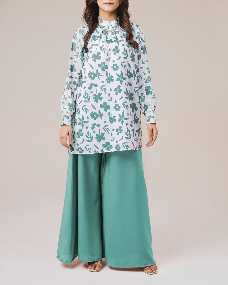 2 Pcs Women's Stitched Grip Printed Shirt And Palazzo