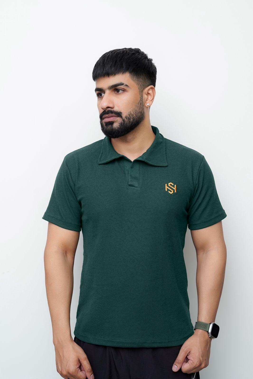 Men's Green Waffle Knit Polo Shirt - 1 Pc, Collared Style