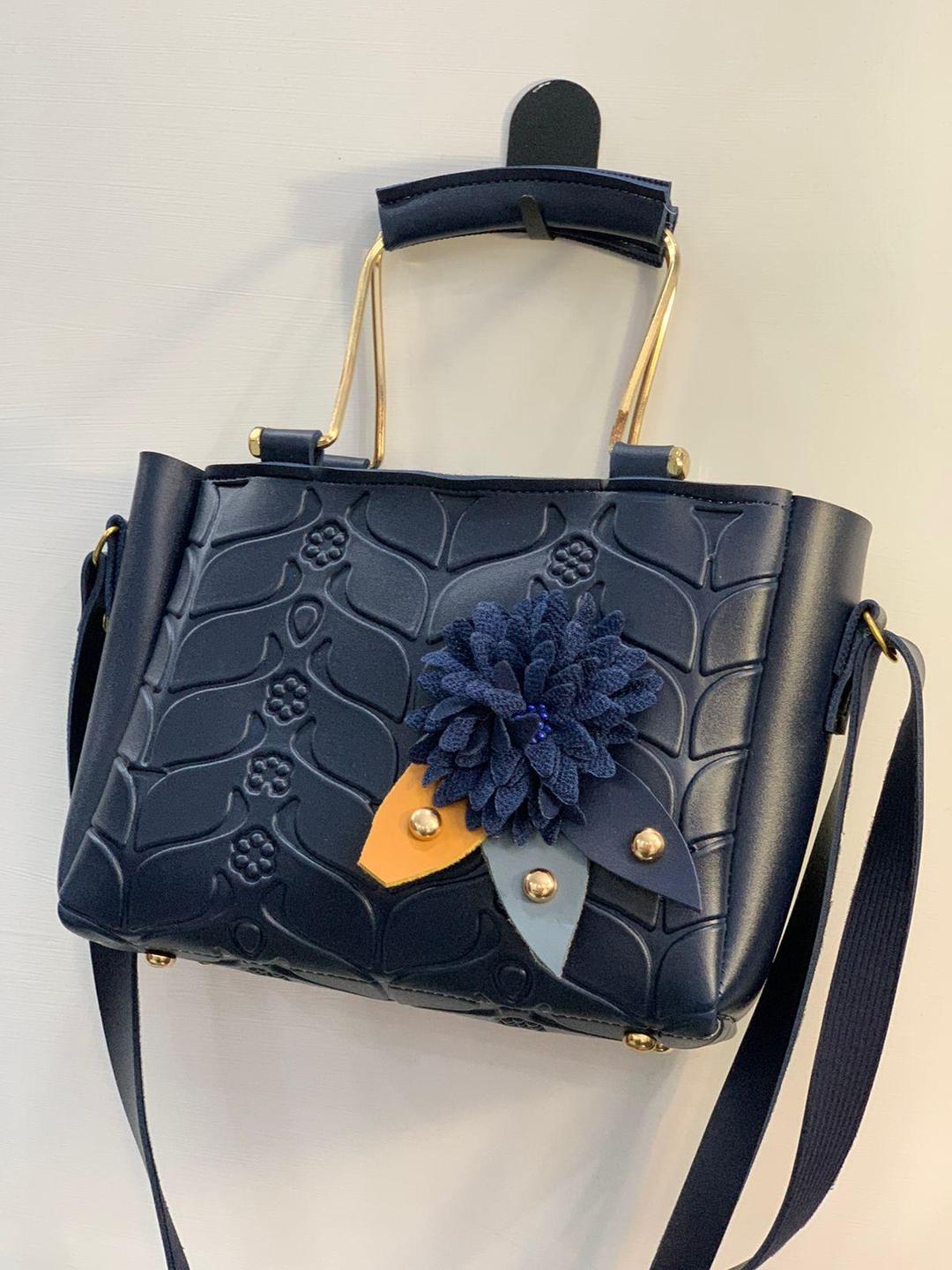 Stylish Women's Grey and Blue Textured Rexine Hand Bag