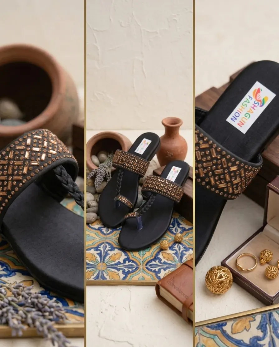 Women's Black Embroidered Flat Sandals