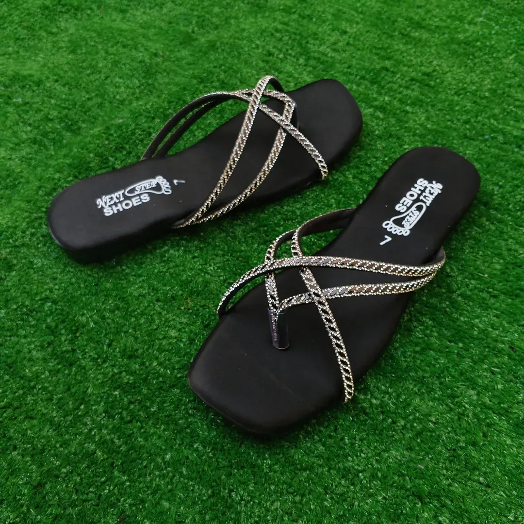 Women's Black Rhinestone Chain Strap Flat Sandals