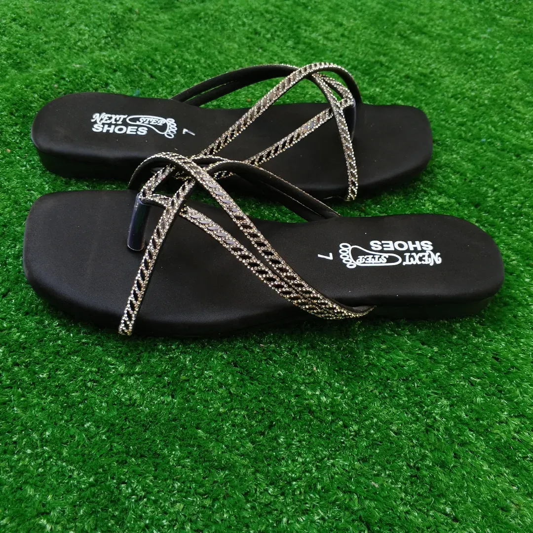 Women's Black Rhinestone Chain Strap Flat Sandals