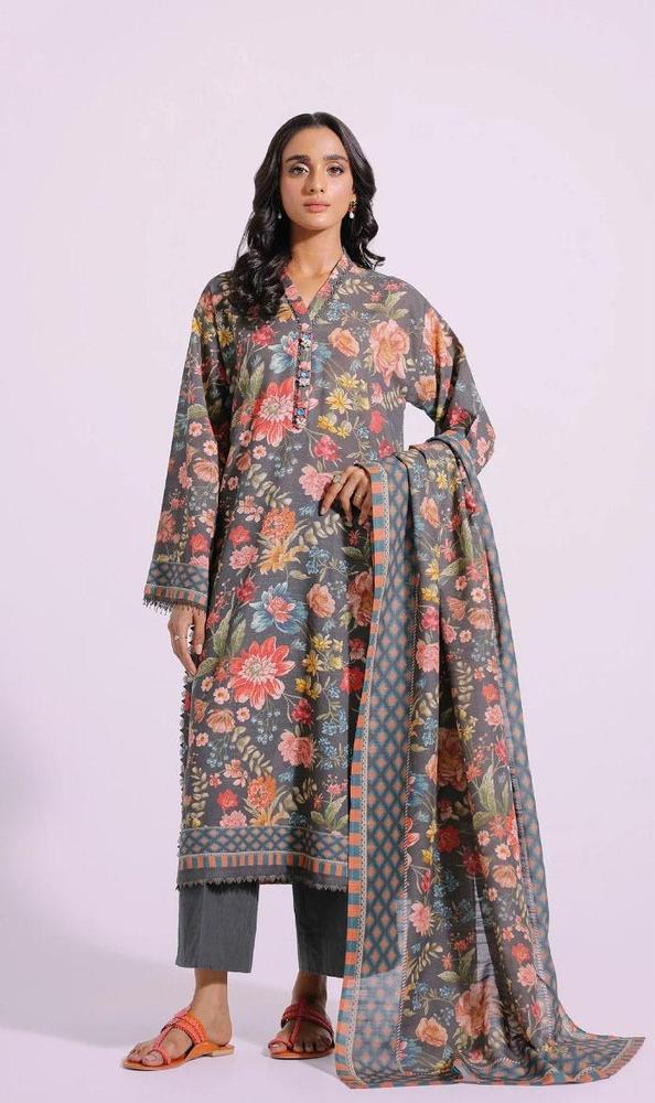 3 Pcs Women's Unstitched Khaddar Printed Suit