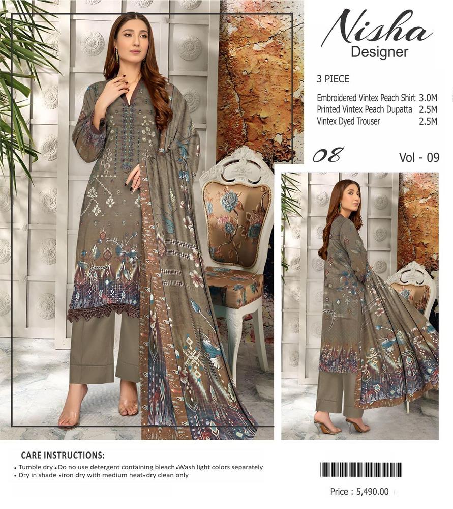 3 Pcs Women's Unstitched Vintax Peach Printed Suit