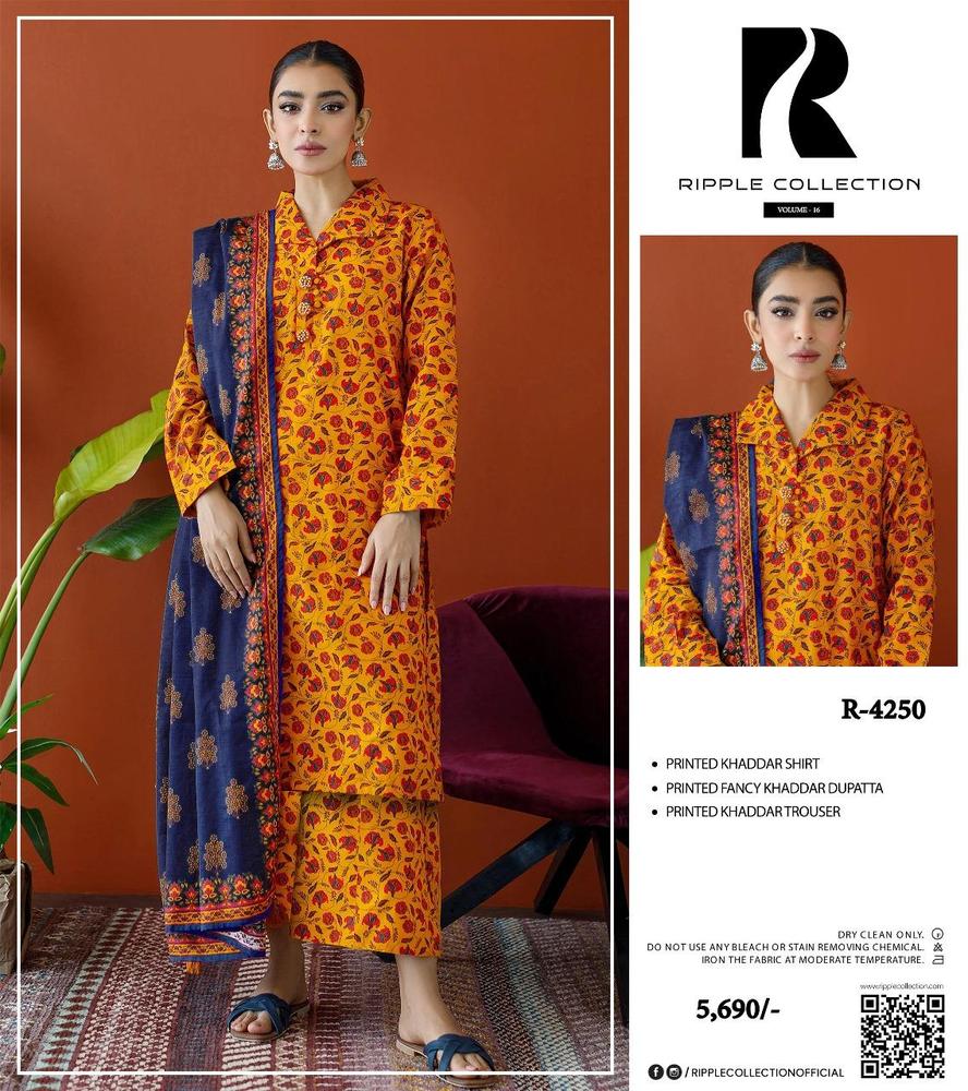 3 Pcs Women's Unstitched Khaddar Printed Suit