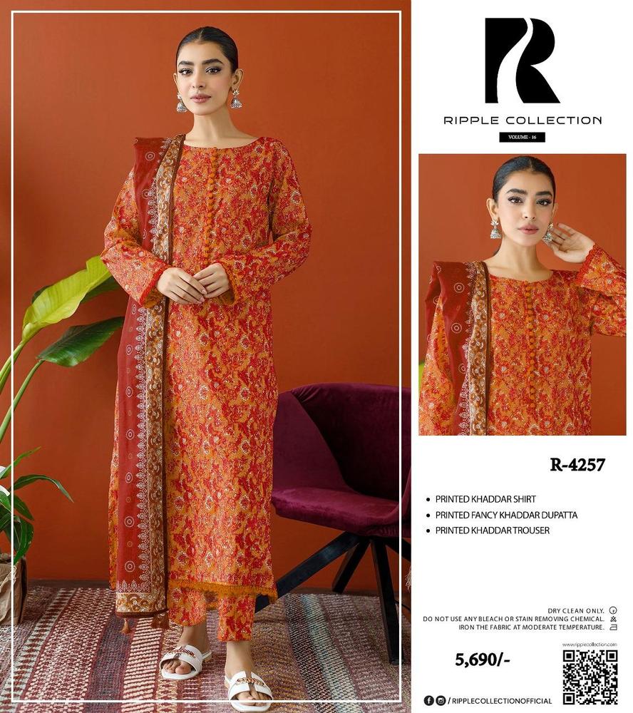 3 Pcs Women's Unstitched Khaddar Printed Suit