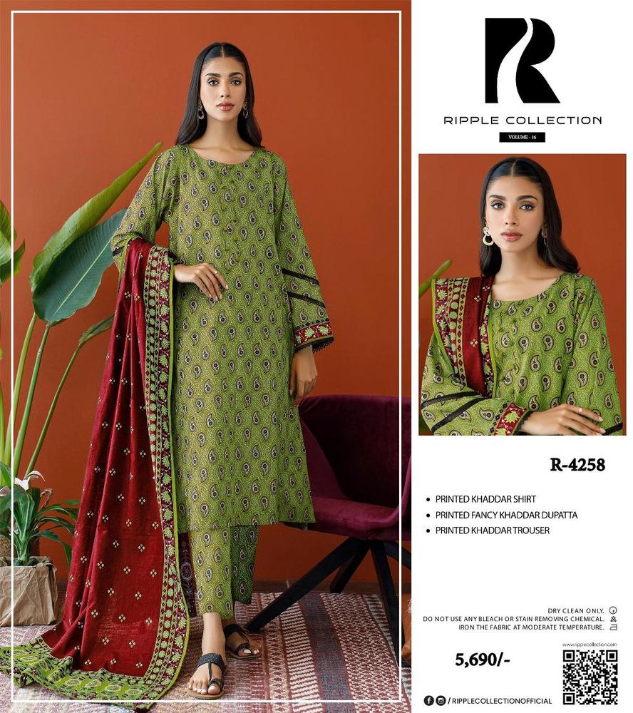 3 Pcs Women's Unstitched Khaddar Printed Suit
