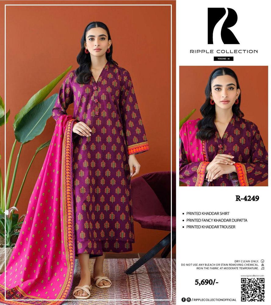 3 Pcs Women's Unstitched Khaddar Printed Suit