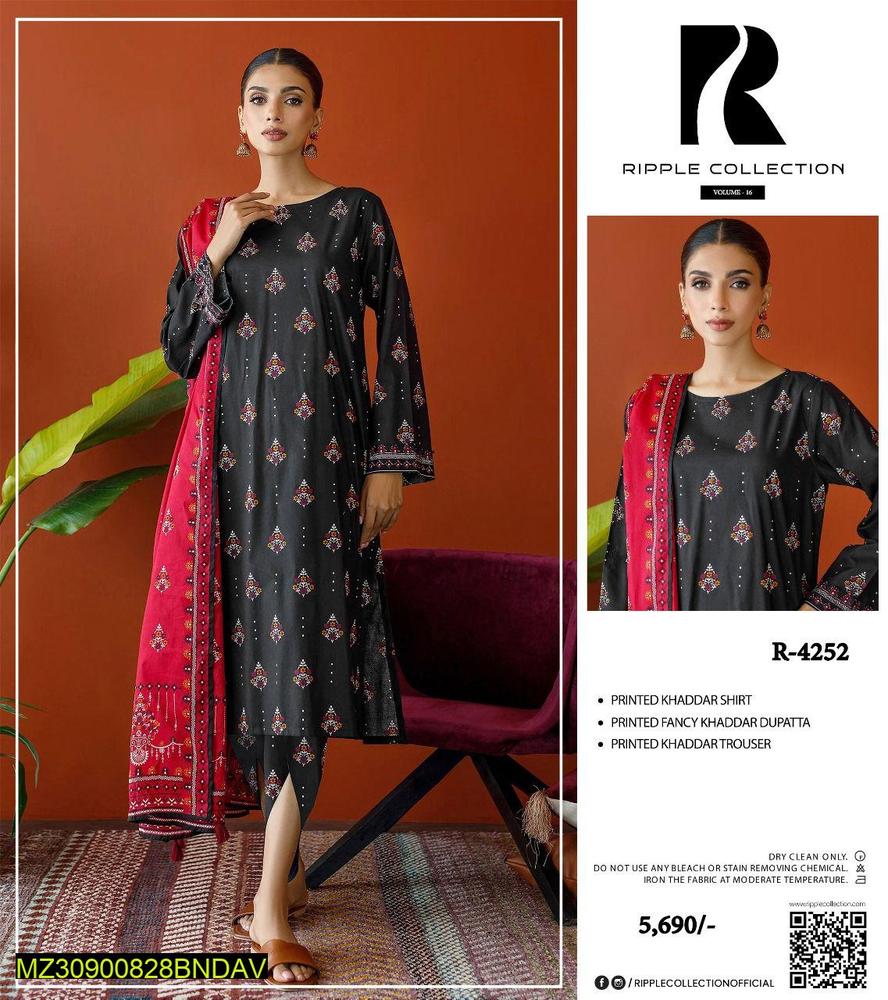 3 Pcs Women's Unstitched Khaddar Printed Suit