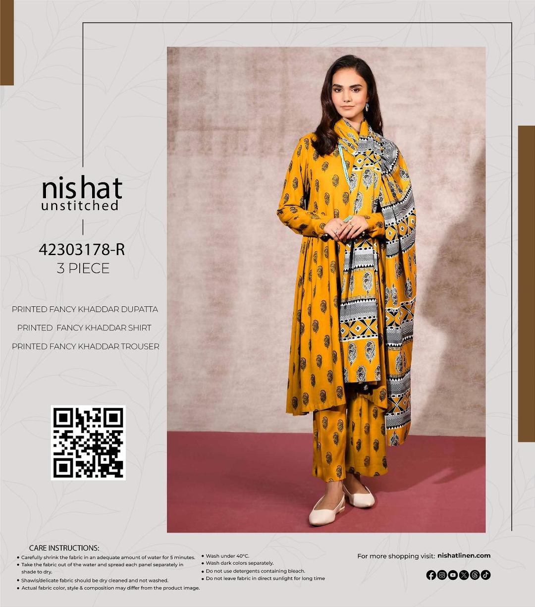 3 Pcs Women's Unstitched Khaddar Printed Suit