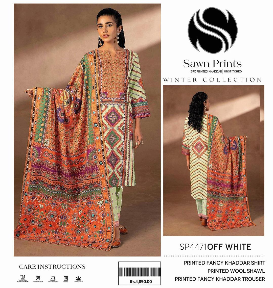 3 Pcs Women's Unstitched Khaddar Printed Suit