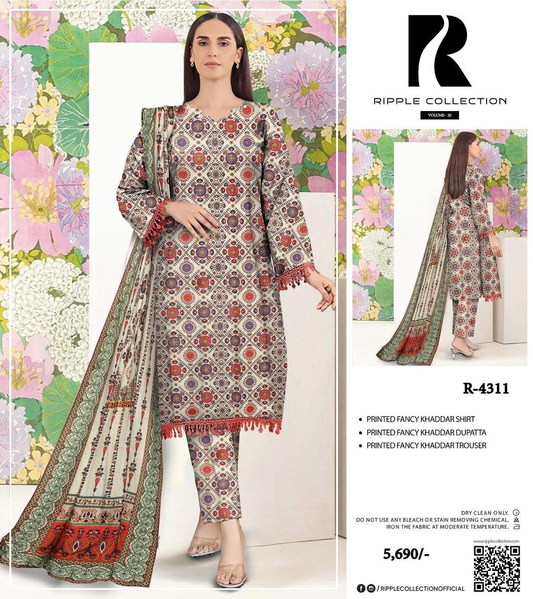 3 Pcs Women's Unstitched Khaddar Printed Suit