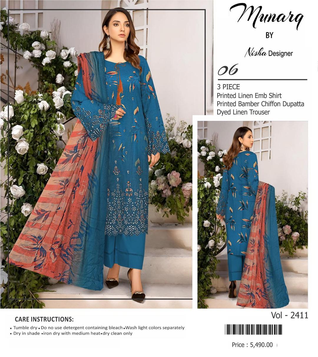 Elegant Blue Linen Embroidered Suit with Chikankari Sleeves and Embellished Dupatta