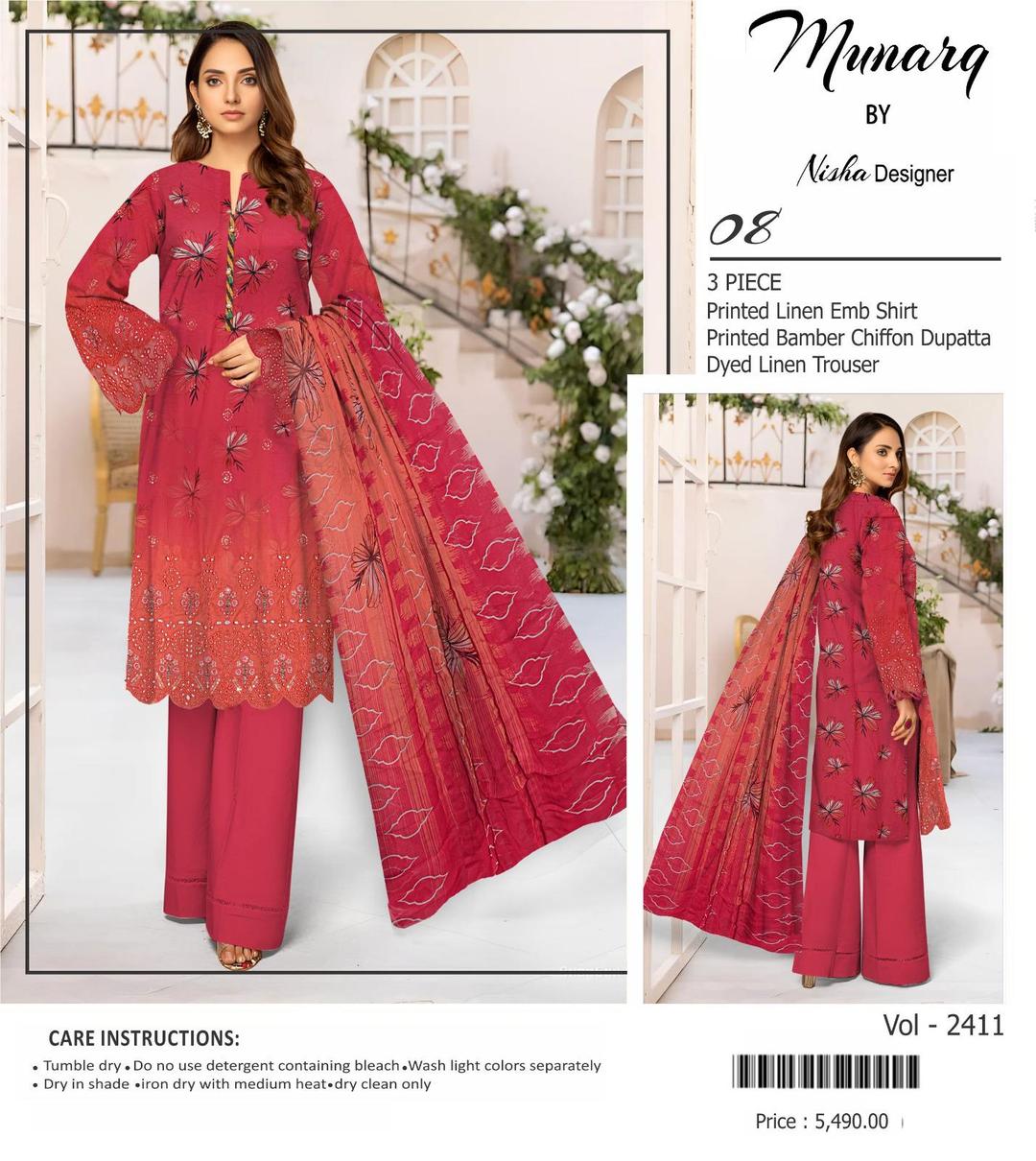 Elegant Red Linen Suit with Chikankari Embroidered Detailing - 3 Piece Ensemble