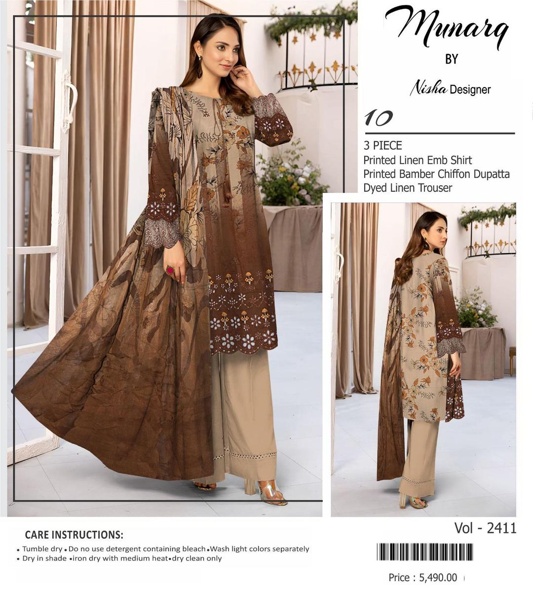Exquisite Brown Linen Suit with Embroidered Chikankari Design