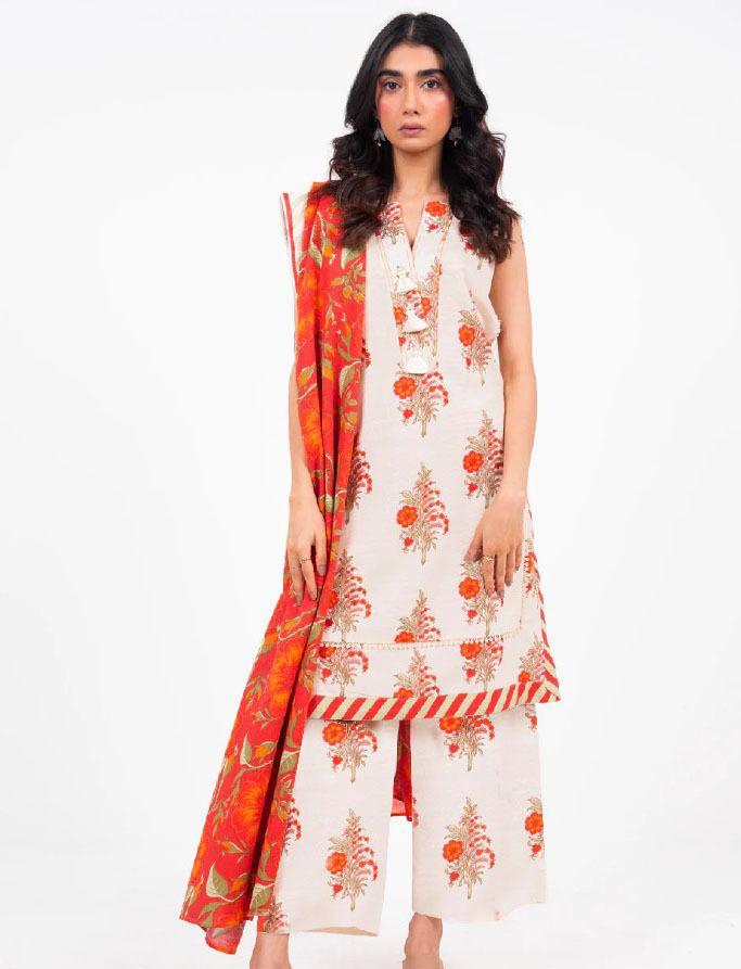 Elegant White Printed Khaddar Suit Set with Dupatta