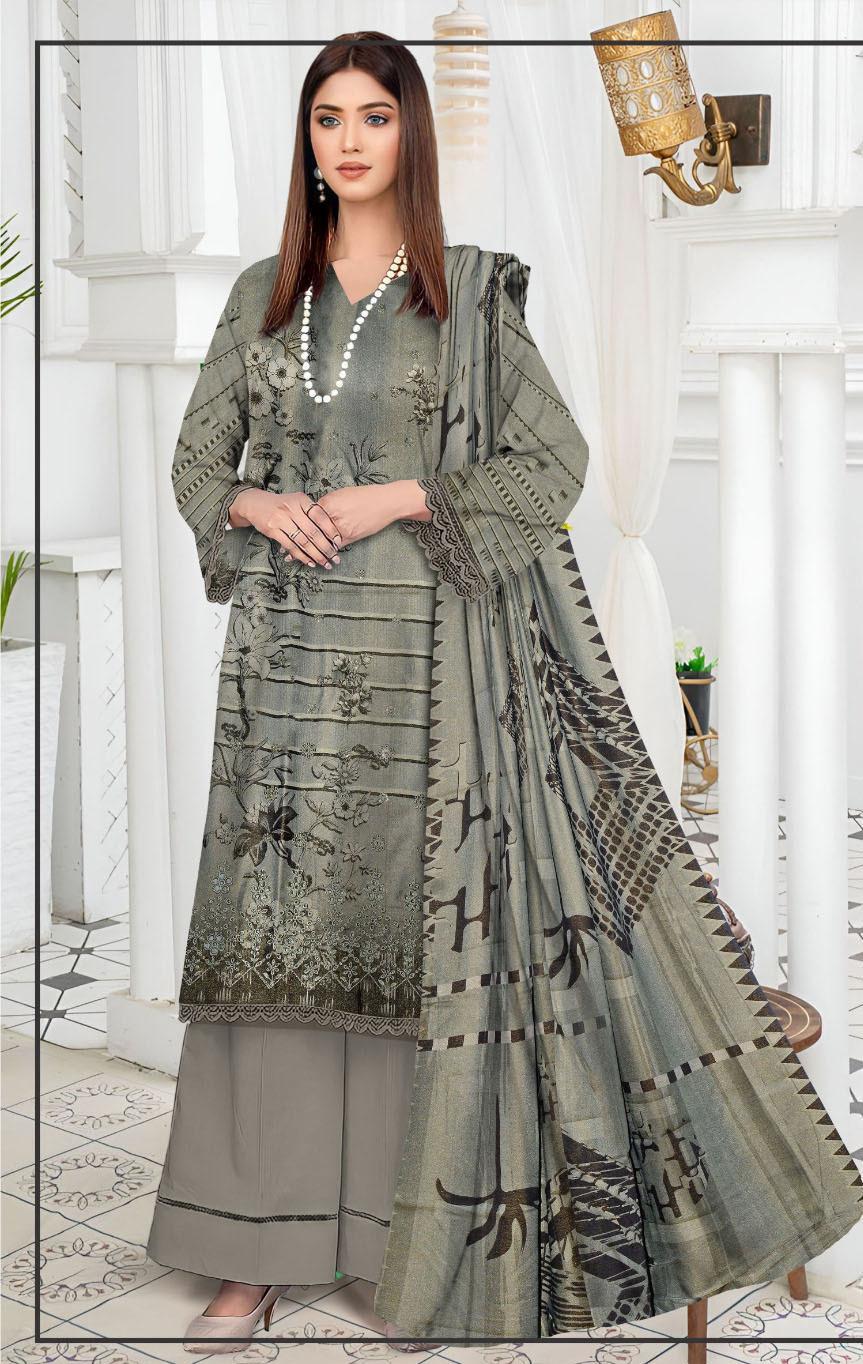 Stunning 3 Pcs Grey Embroidered Suit with Printed Trouser and Dupatta