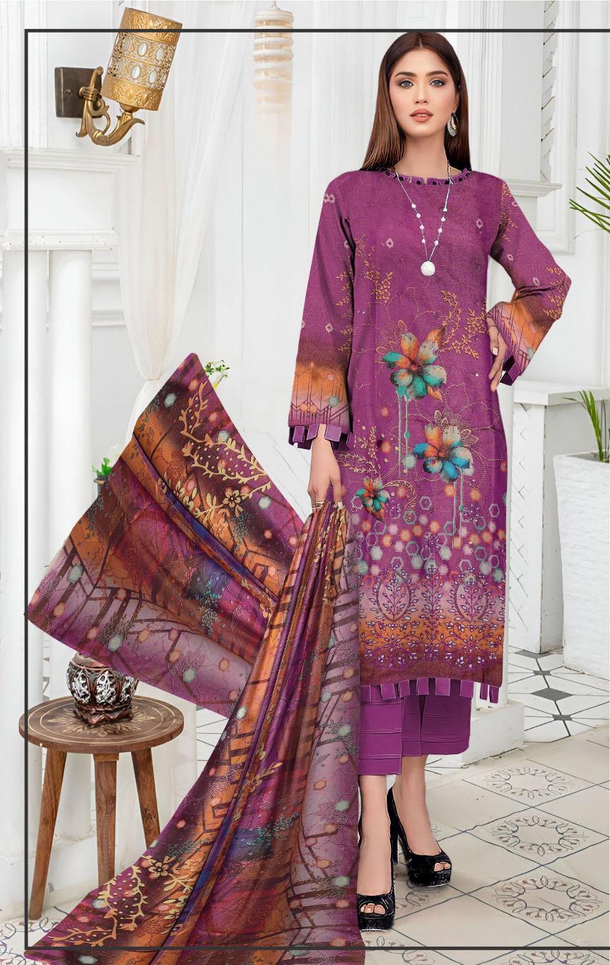 Stylish Purple Suit Set - 3 Pcs Embroidered & Printed Fabric