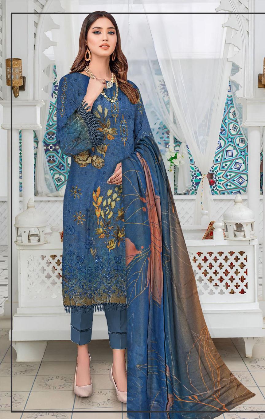 Enchanting 3 Pcs Embroidered Suit Set in Blue - Shamery Fabric