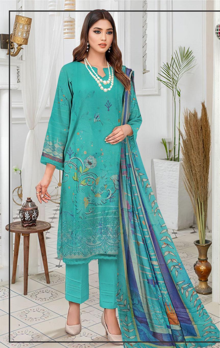 Stunning Blue Embroidered Suit Set - 3 Pcs