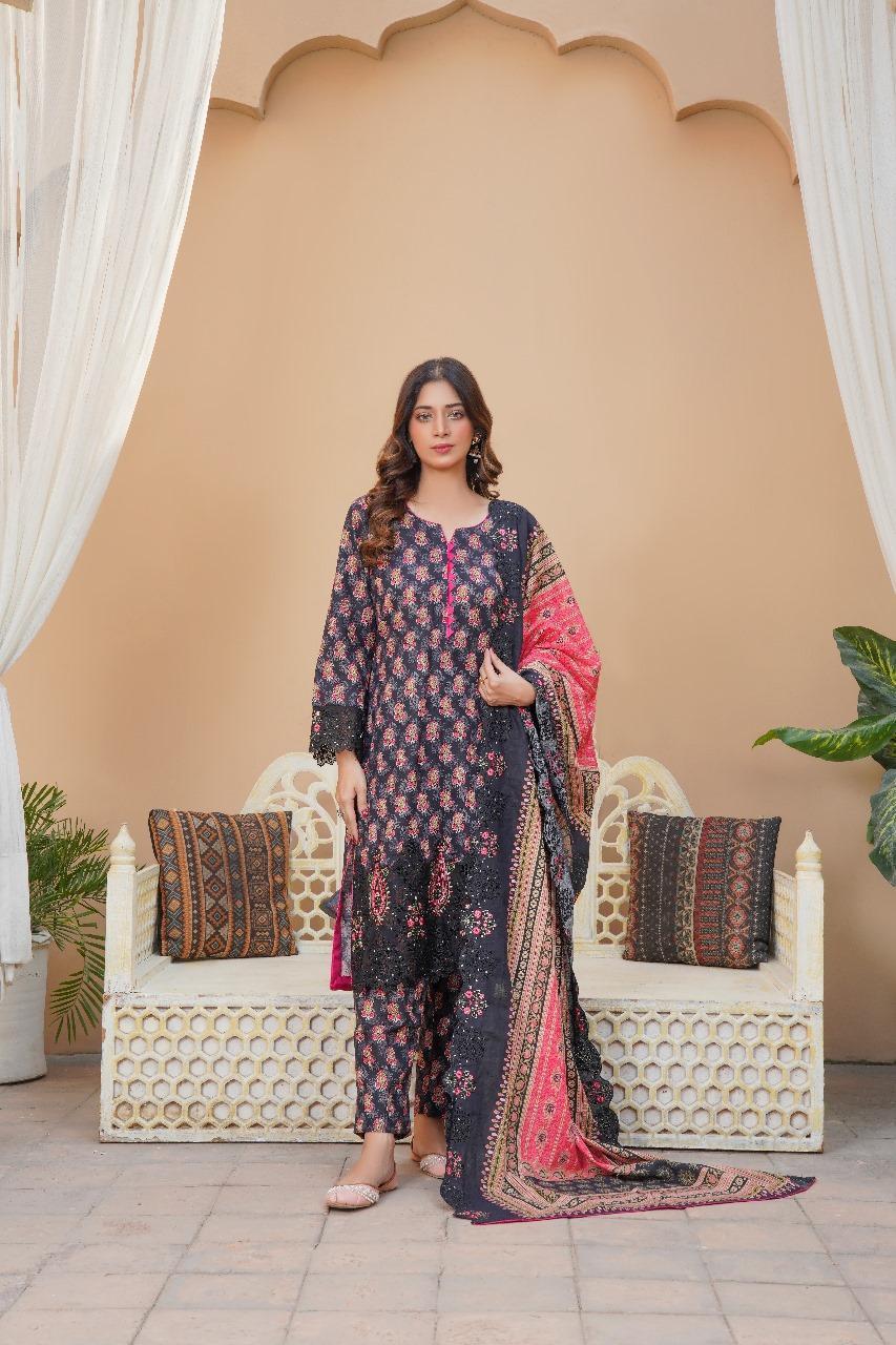 Embroidered Khaddar 3 Pcs Suit with Cut Work and Printed Patterns