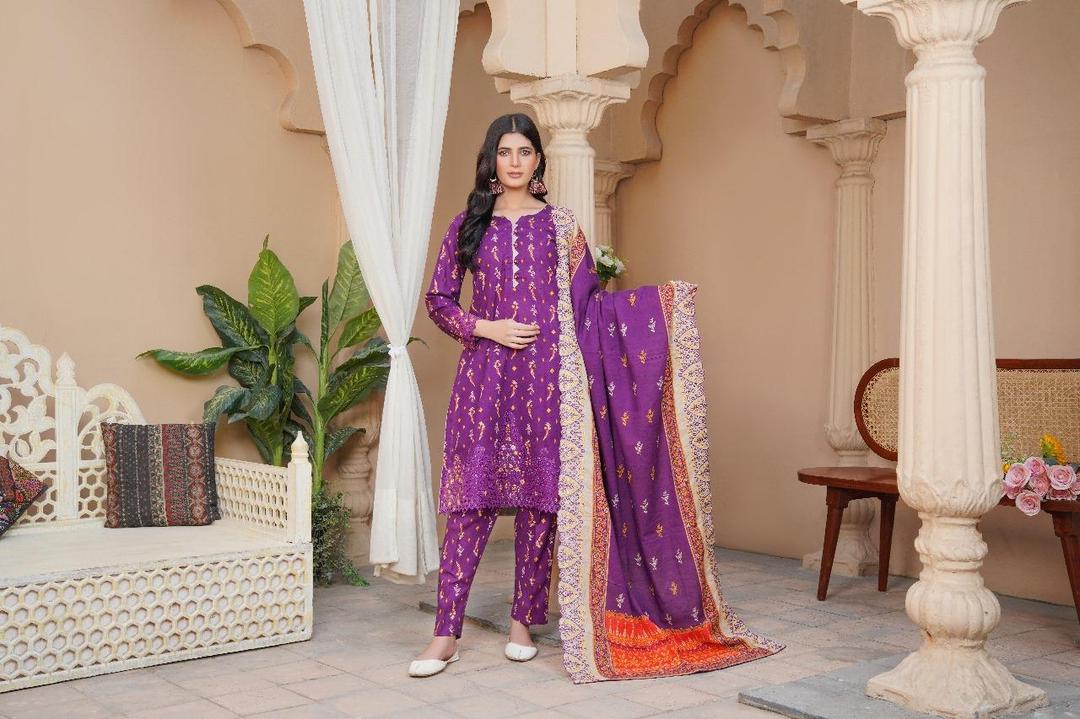 Stylish Purple Khaddar Suit with Embroidered & Printed Designs - 3 Pcs Set