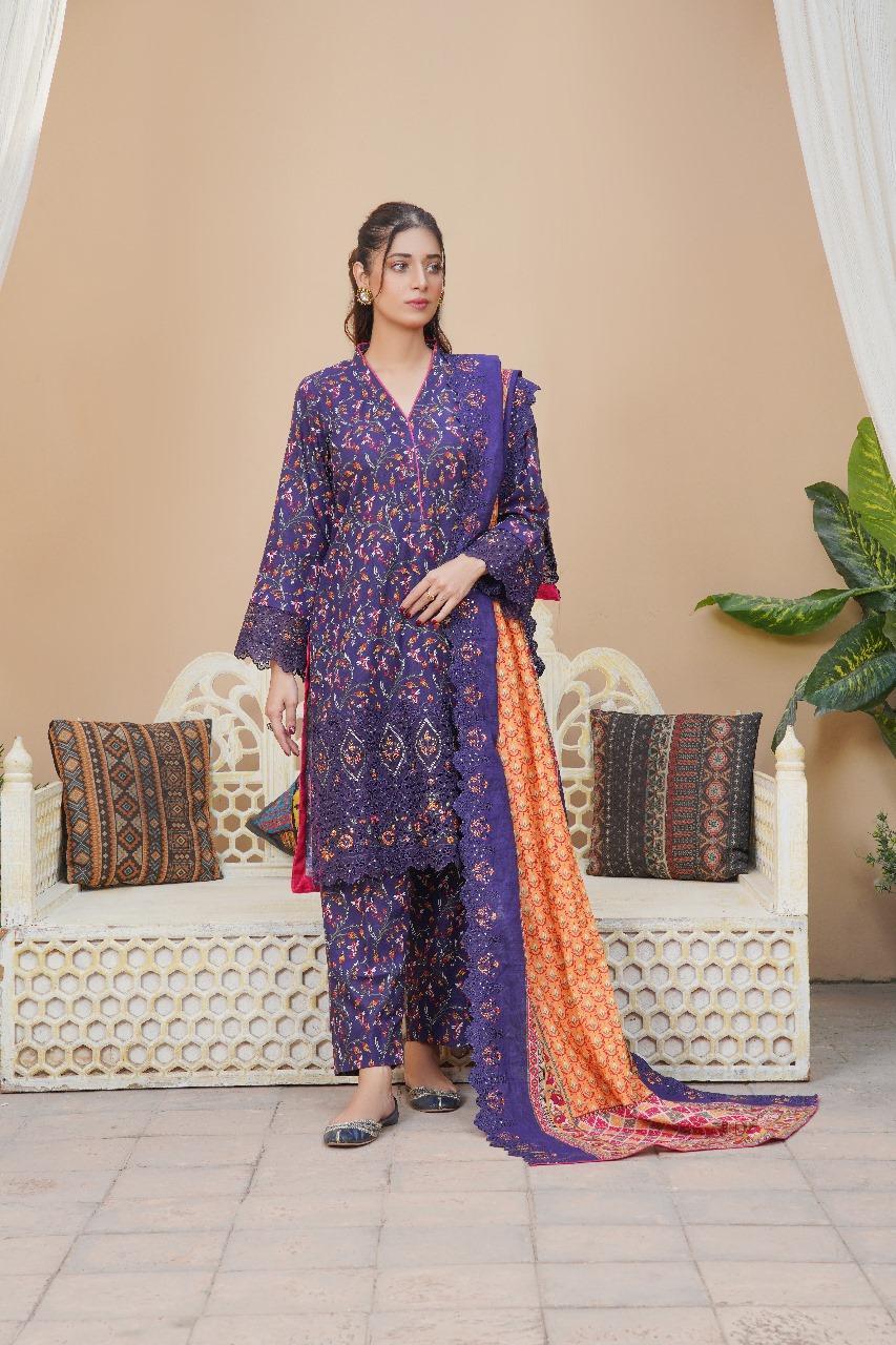 Elegant Blue Khaddar Suit with Embroidered Design - 3 Pcs