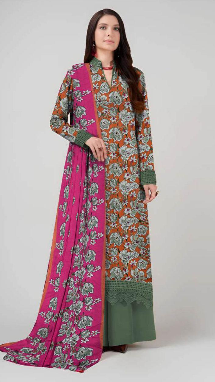 Elegant Orange Printed Suit - 3 Pcs Set