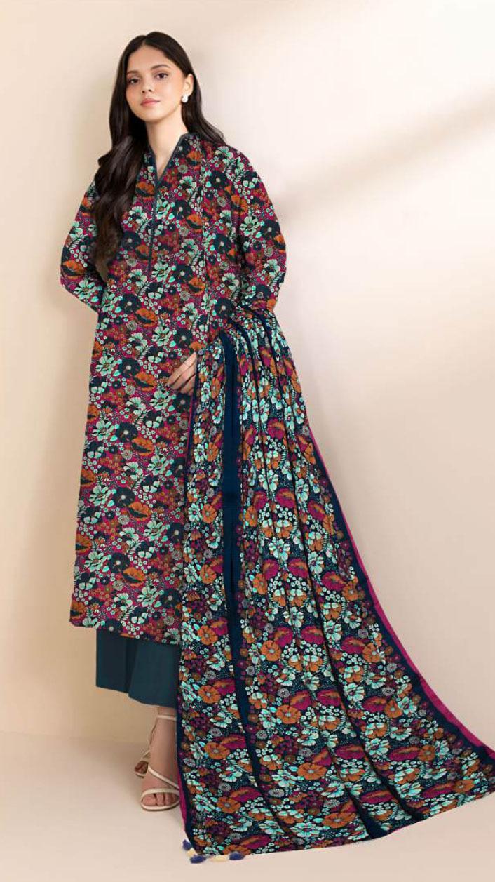 Stylish 3 Pcs Printed Viscose Suit in Grey