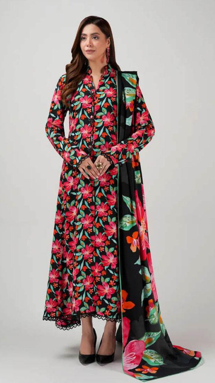 Stunning 3 Pcs Printed Viscose Suit in Black