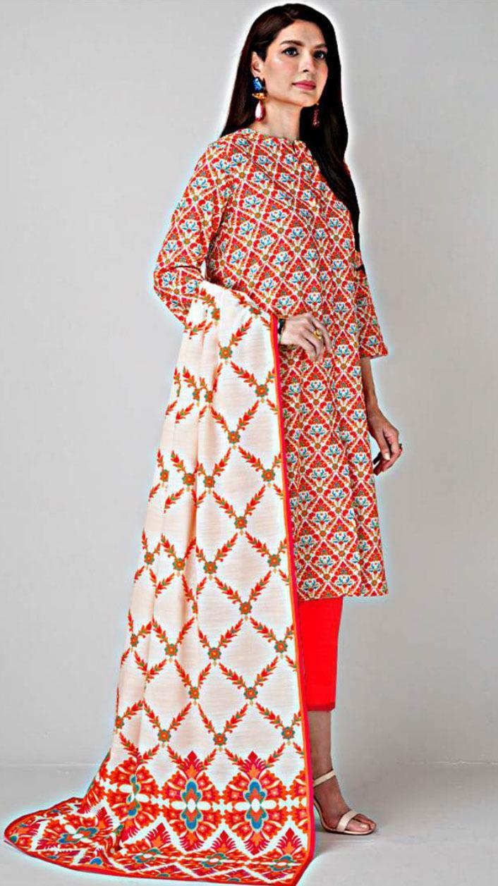 Stunning 3 Pcs Printed Viscose Suit in Vibrant Red