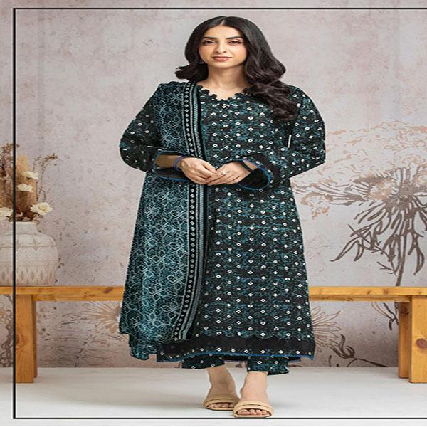 Stylish Printed Khaddar Suit - 3 Pcs in Blue