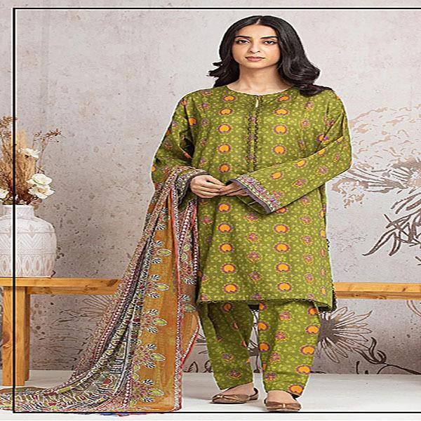 Stylish 3 Pcs Printed Khaddar Suit in Green for Effortless Chic