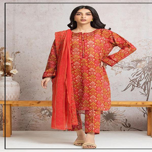 Stylish Printed Khaddar Suit - 3 Pcs in Vibrant Orange