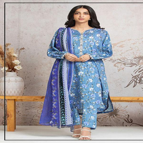 Elegant 3 Pcs Printed Khaddar Suit in Blue