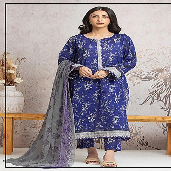 Blue Printed Khaddar Suit - 3 Pcs Set