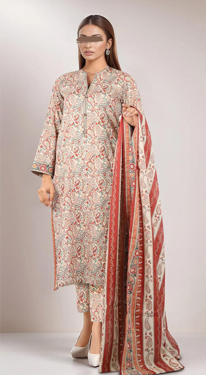 3 Pcs Women's Unstitched Khaddar Printed Suit