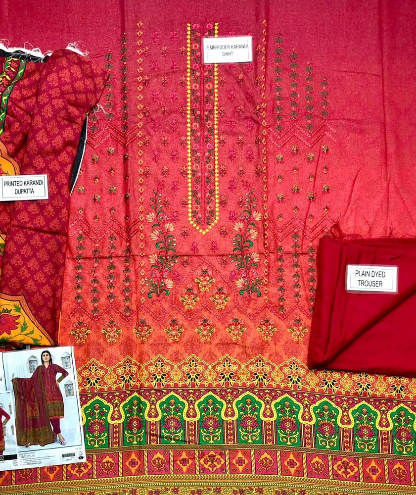 3 Pcs Women's Unstitched Karandi Printed Suit