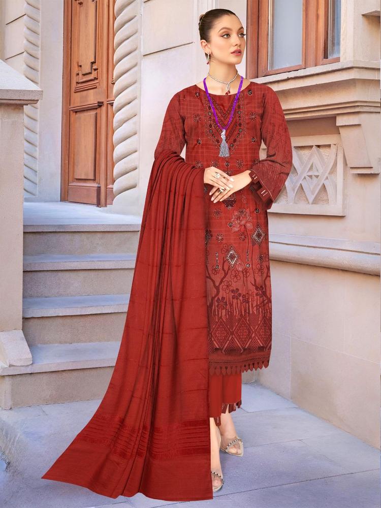 3 Pcs Women's Unstitched Vintax Peach Embroidered Suit