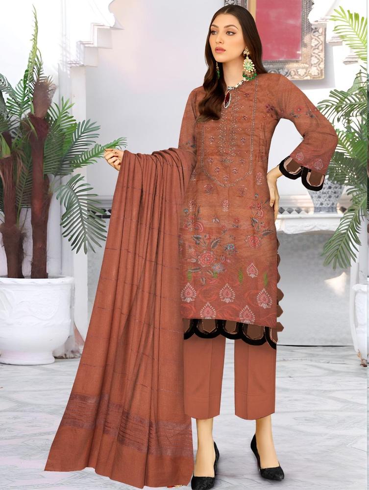 3 Pcs Women's Unstitched Vintax Peach Embroidered Suit