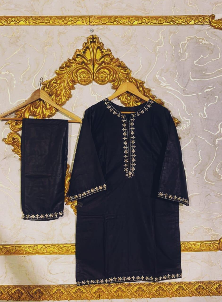 Stylish Women's Stitched Embroidered Shirt and Trouser Set - 2 Pcs - Black