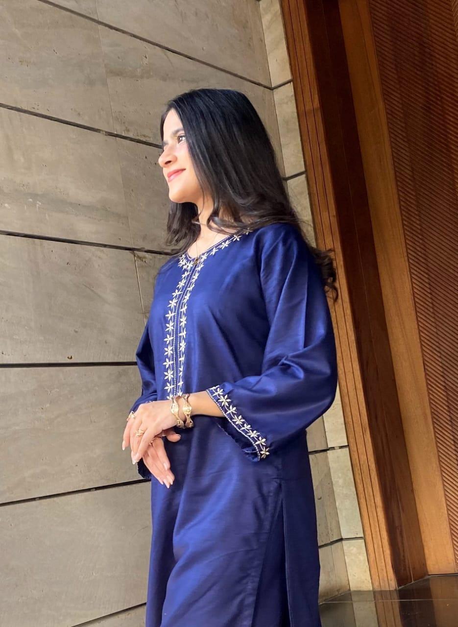 Blue Linen Embroidered Round Neck Shirt - 1 Pc for Stylish Women