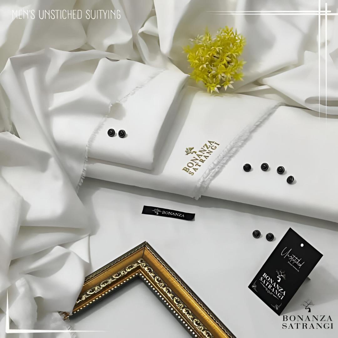 Men’s Unstitched Wash And Wear Suit - 4 Pcs Plain White Set