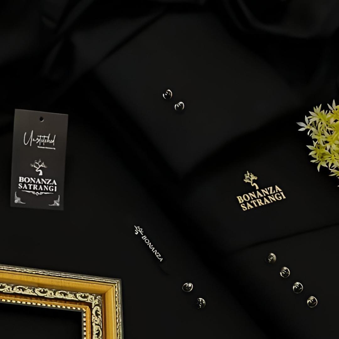 Classic Black Wash And Wear Men's Unstitched Suit - 4 Pcs