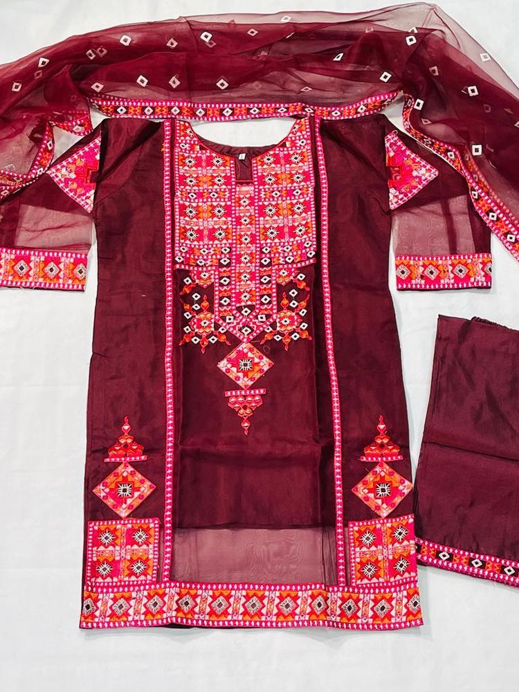 3 Pcs Women's Stitched Katan Silk Embroidered Suit