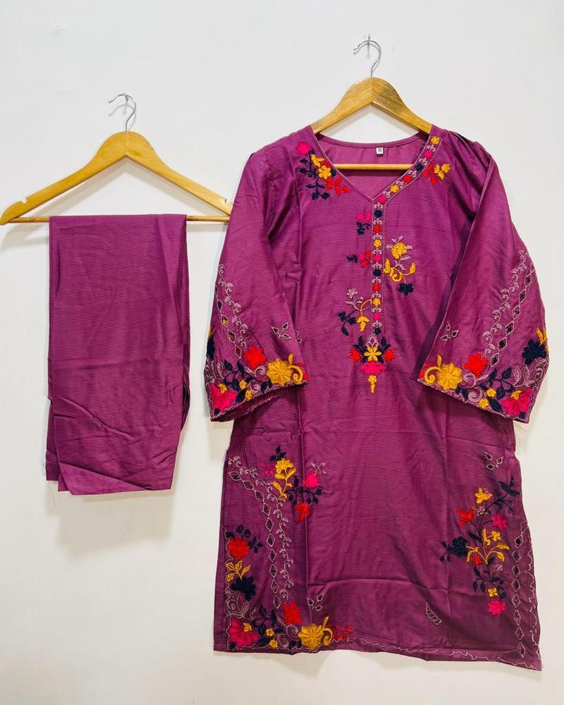 2 Pcs Women's Stitched Linen Embroidered Suit